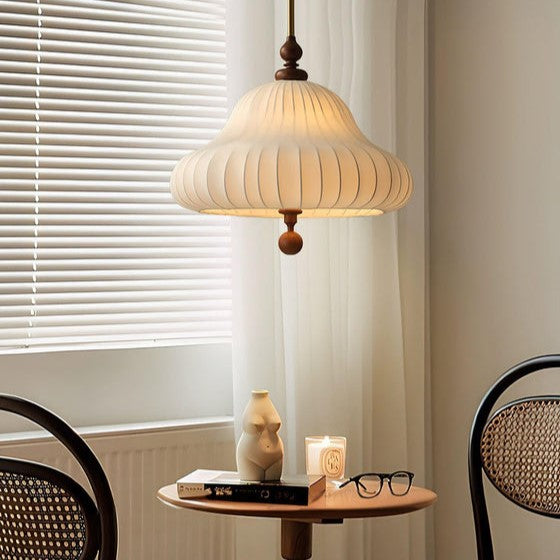 Traditional Vintage Imitation Silk Round Shade Ash Wood 1-Light Pendant Light For Living Room