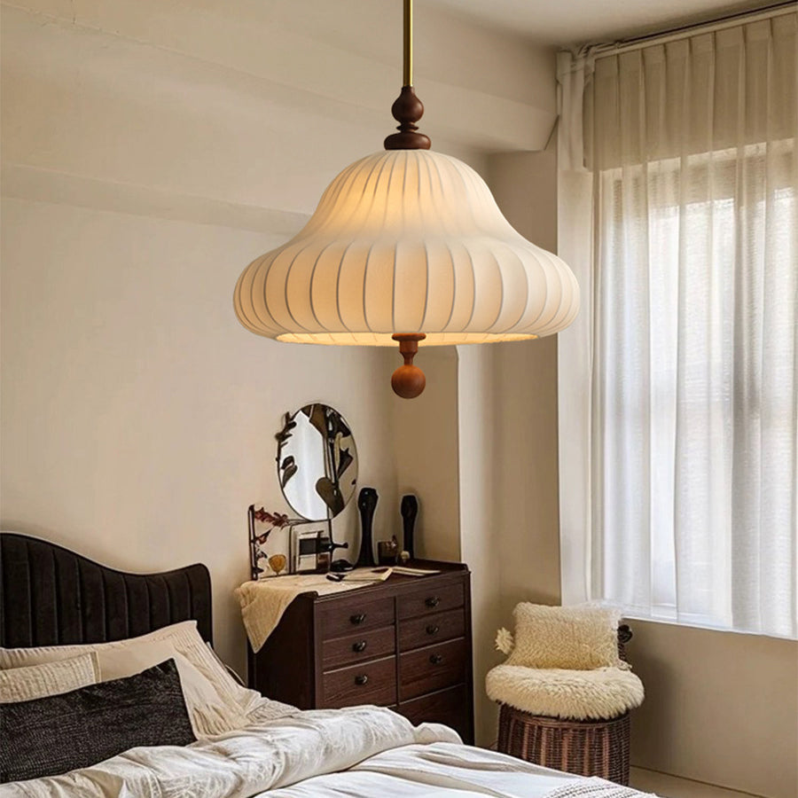 Traditional Vintage Imitation Silk Round Shade Ash Wood 1-Light Pendant Light For Living Room