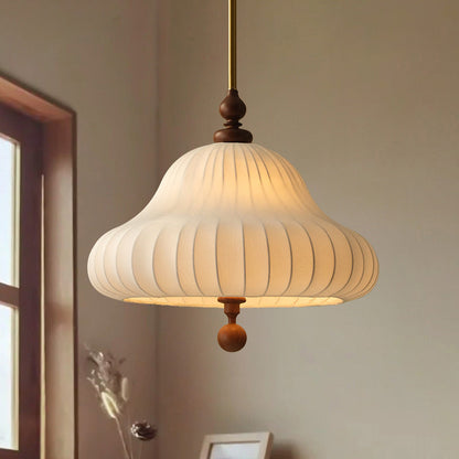 Traditional Vintage Imitation Silk Round Shade Ash Wood 1-Light Pendant Light For Living Room
