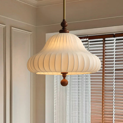 Traditional Vintage Imitation Silk Round Shade Ash Wood 1-Light Pendant Light For Living Room