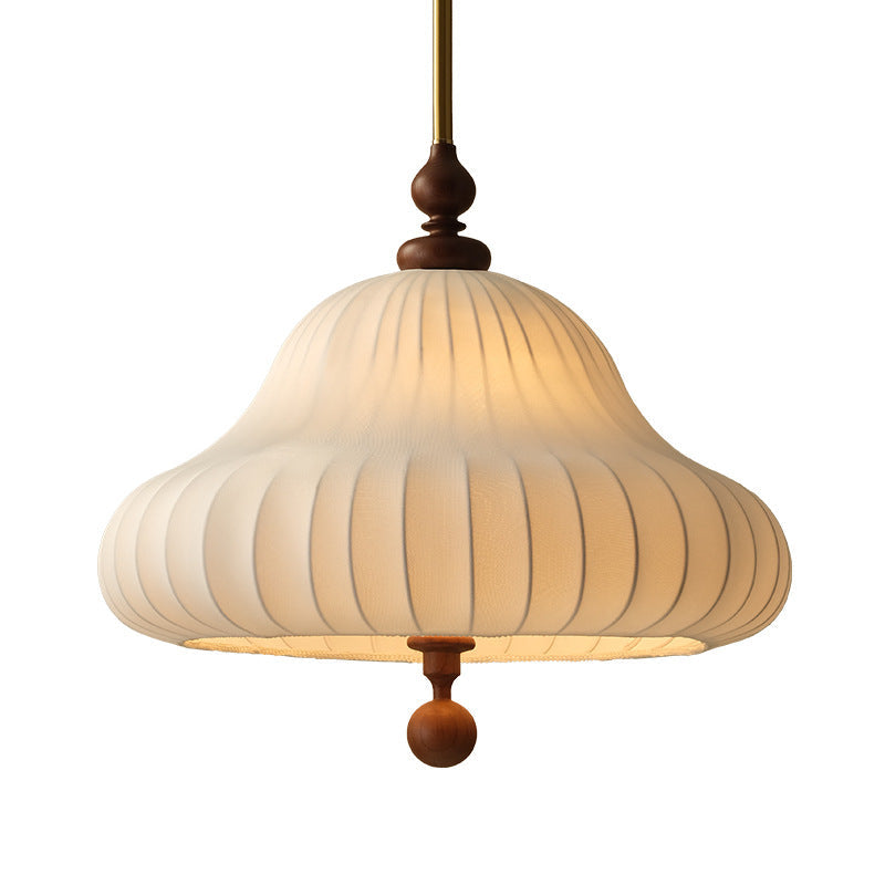 Traditional Vintage Imitation Silk Round Shade Ash Wood 1-Light Pendant Light For Living Room