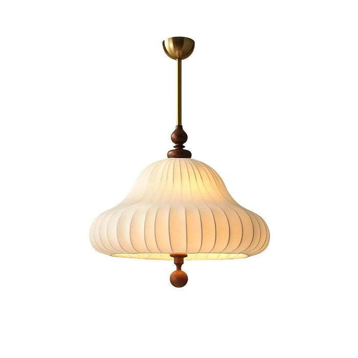 Traditional Vintage Imitation Silk Round Shade Ash Wood 1-Light Pendant Light For Living Room
