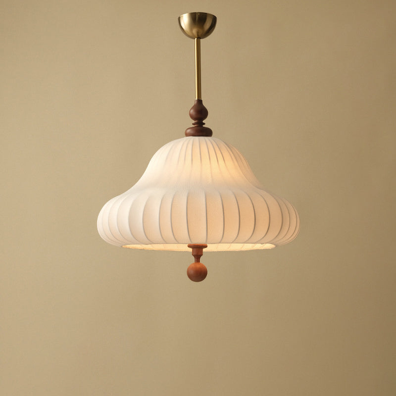 Traditional Vintage Imitation Silk Round Shade Ash Wood 1-Light Pendant Light For Living Room