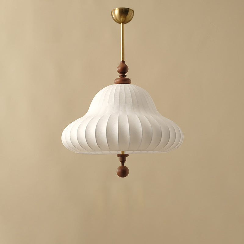 Traditional Vintage Imitation Silk Round Shade Ash Wood 1-Light Pendant Light For Living Room