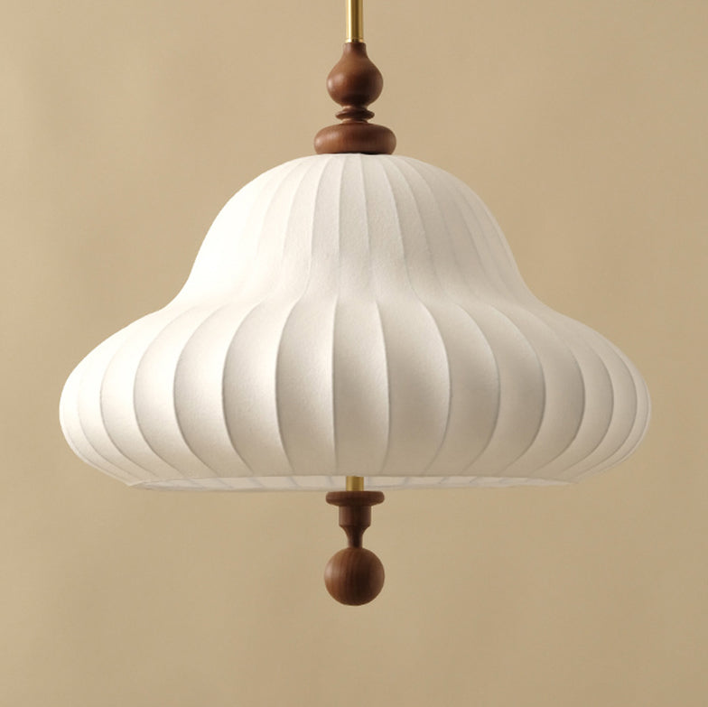 Traditional Vintage Imitation Silk Round Shade Ash Wood 1-Light Pendant Light For Living Room