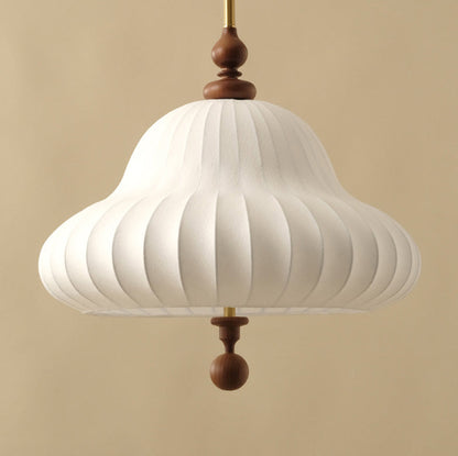 Traditional Vintage Imitation Silk Round Shade Ash Wood 1-Light Pendant Light For Living Room