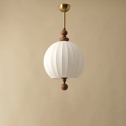 Traditional Japanese Spherical Fabric Shade Ash Wood 1-Light Pendant Light For Living Room