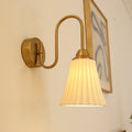 Traditional French Antique Brass Gooseneck Ceramic Pleated Shade 1-Light Wall Sconce Lamp For Bedroom