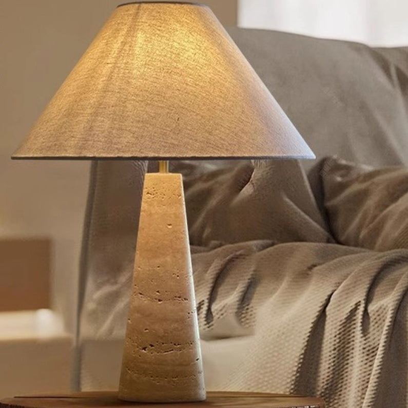 Traditional Japanese Fabric Conical Shade Yellow Travertine Base 1-Light Table Lamp For Study Lumendat