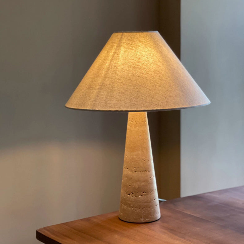 Traditional Japanese Fabric Conical Shade Yellow Travertine Base 1-Light Table Lamp For Study Lumendat