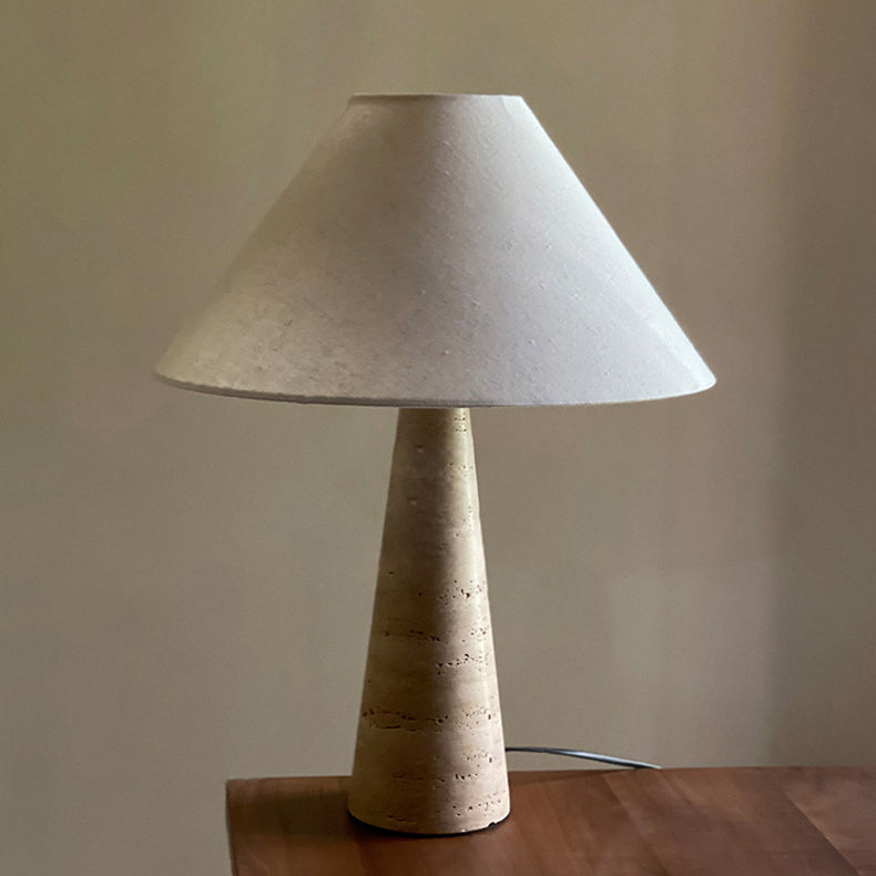 Traditional Japanese Fabric Conical Shade Yellow Travertine Base 1-Light Table Lamp For Study Lumendat