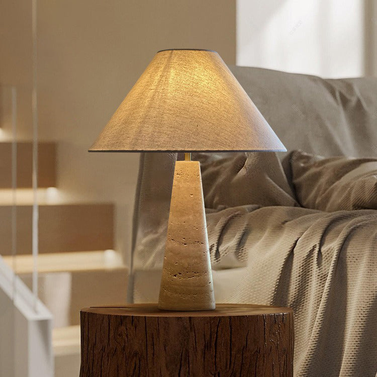 Traditional Japanese Fabric Conical Shade Yellow Travertine Base 1-Light Table Lamp For Study Lumendat