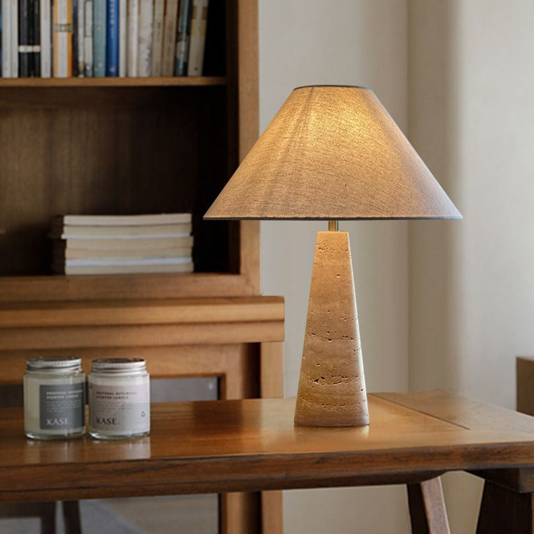 Traditional Japanese Fabric Conical Shade Yellow Travertine Base 1-Light Table Lamp For Study Lumendat