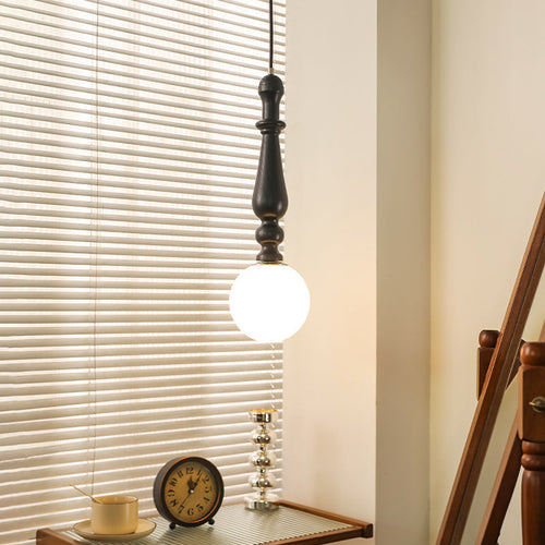Traditional French Ash Wood Rod Glass Ball Shade 1-Light Pendant Light For Bedroom