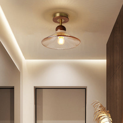 Traditional Japanese Flower Glass Shade Solid Wood 1-light Semi-flush Mount Ceiling Light for Living Room