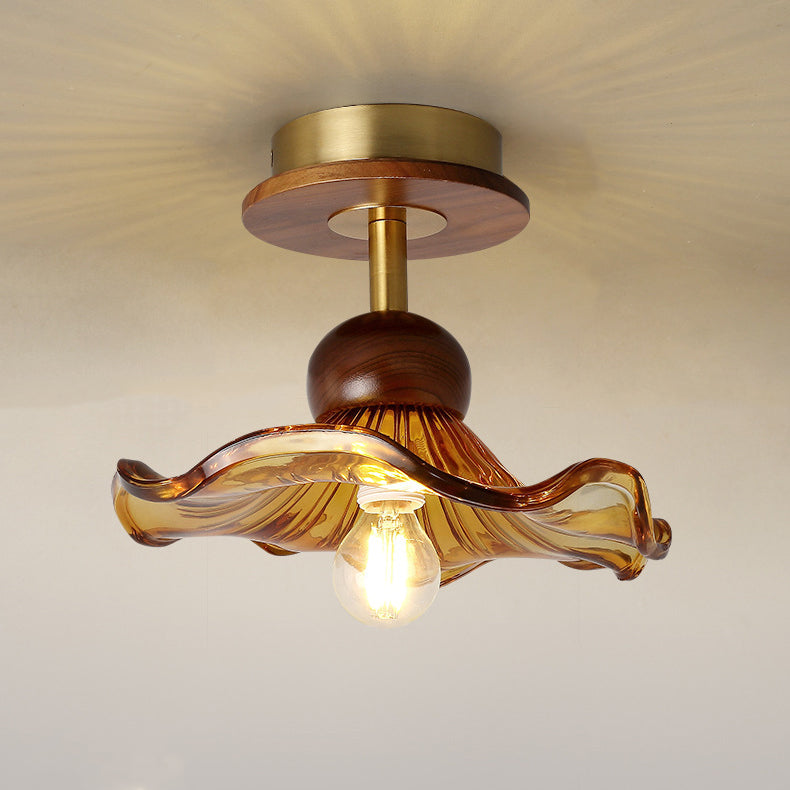 Traditional Japanese Flower Glass Shade Solid Wood 1-light Semi-flush Mount Ceiling Light for Living Room