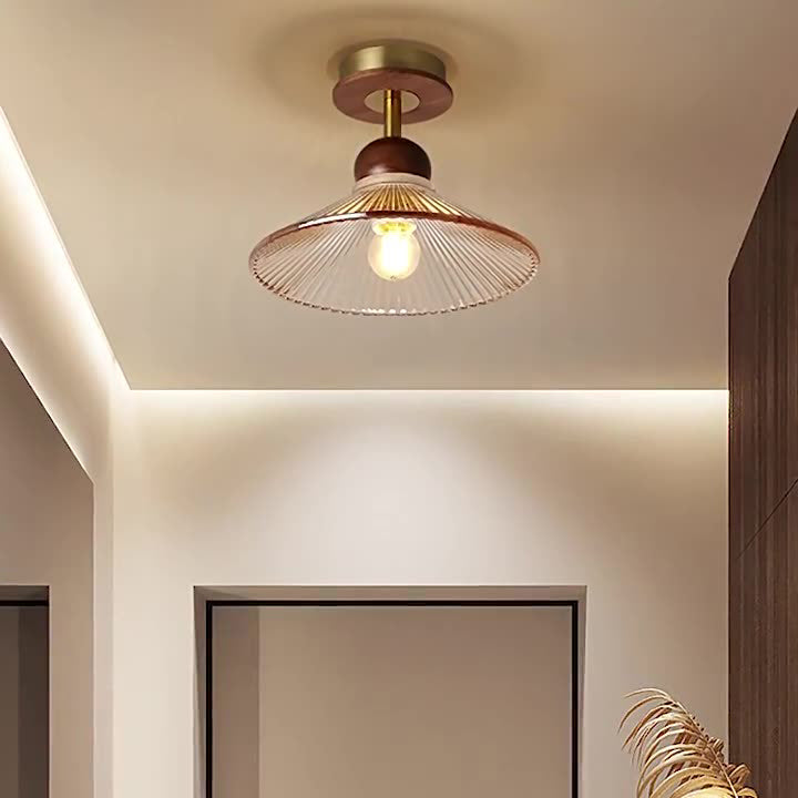 Traditional Japanese Flower Glass Shade Solid Wood 1-light Semi-flush Mount Ceiling Light for Living Room