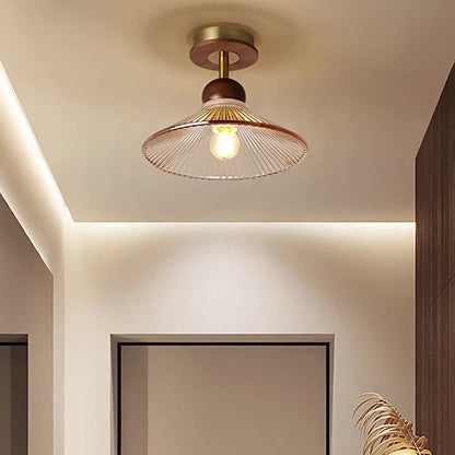 Traditional Japanese Flower Glass Shade Solid Wood 1-light Semi-flush Mount Ceiling Light for Living Room