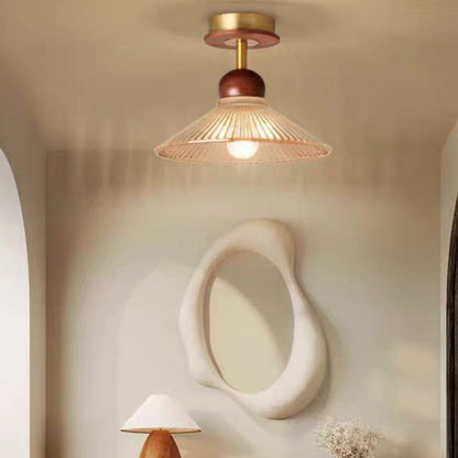 Traditional Japanese Flower Glass Shade Solid Wood 1-light Semi-flush Mount Ceiling Light for Living Room