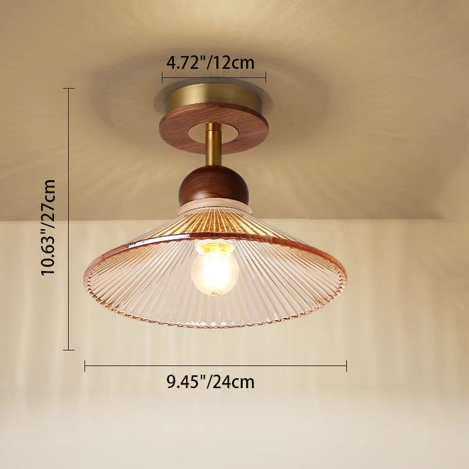 Traditional Japanese Flower Glass Shade Solid Wood 1-light Semi-flush Mount Ceiling Light for Living Room