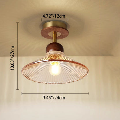 Traditional Japanese Flower Glass Shade Solid Wood 1-light Semi-flush Mount Ceiling Light for Living Room