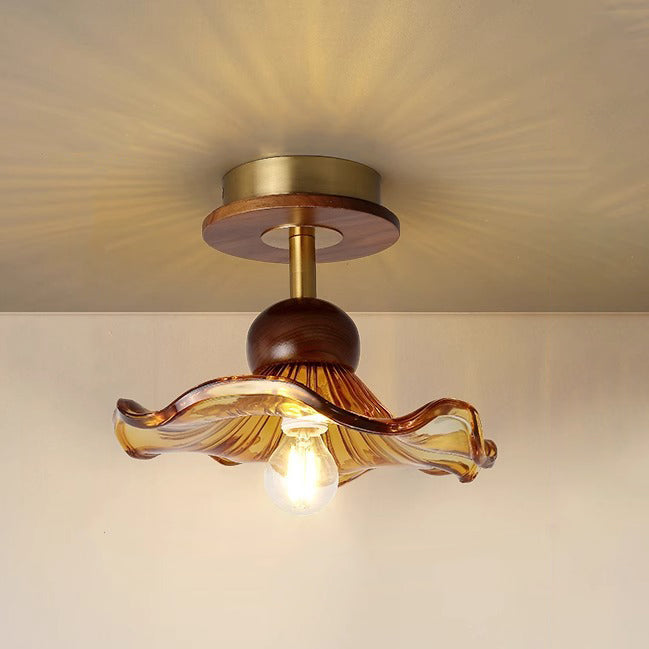 Traditional Japanese Flower Glass Shade Solid Wood 1-light Semi-flush Mount Ceiling Light for Living Room