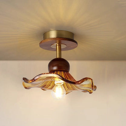 Traditional Japanese Flower Glass Shade Solid Wood 1-light Semi-flush Mount Ceiling Light for Living Room