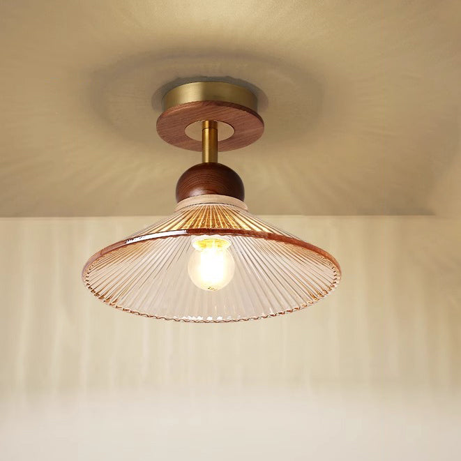 Traditional Japanese Flower Glass Shade Solid Wood 1-light Semi-flush Mount Ceiling Light for Living Room
