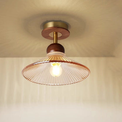 Traditional Japanese Flower Glass Shade Solid Wood 1-light Semi-flush Mount Ceiling Light for Living Room