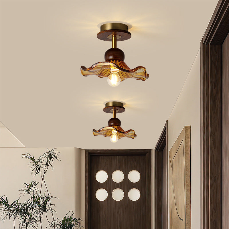 Traditional Japanese Flower Glass Shade Solid Wood 1-light Semi-flush Mount Ceiling Light for Living Room