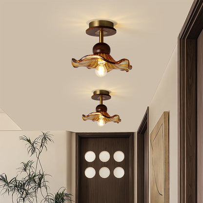 Traditional Japanese Flower Glass Shade Solid Wood 1-light Semi-flush Mount Ceiling Light for Living Room