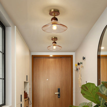 Traditional Japanese Flower Glass Shade Solid Wood 1-light Semi-flush Mount Ceiling Light for Living Room