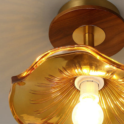 Traditional Japanese Flower Glass Shade Solid Wood 1-light Semi-flush Mount Ceiling Light for Living Room