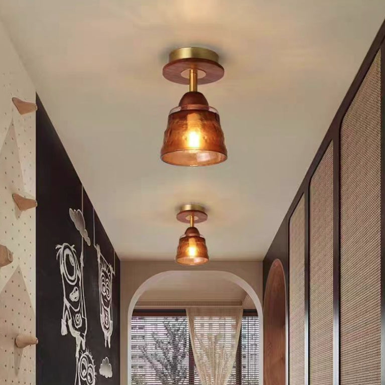 Contemporary Retro Glass Cup Shade Solid Wood 1-light Semi-flush Mount Ceiling Light for Living Room