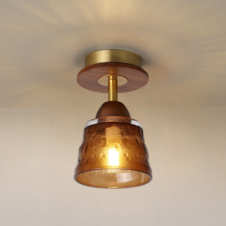 Contemporary Retro Glass Cup Shade Solid Wood 1-light Semi-flush Mount Ceiling Light for Living Room
