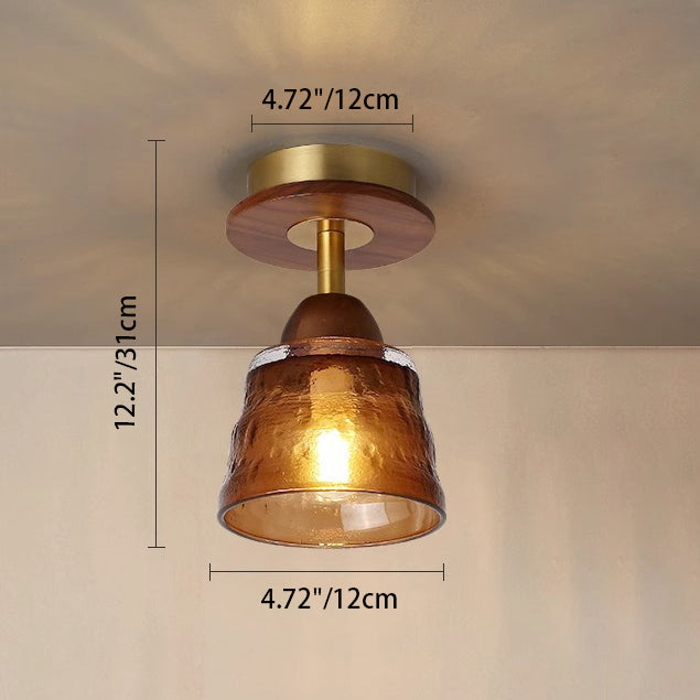 Contemporary Retro Glass Cup Shade Solid Wood 1-light Semi-flush Mount Ceiling Light for Living Room
