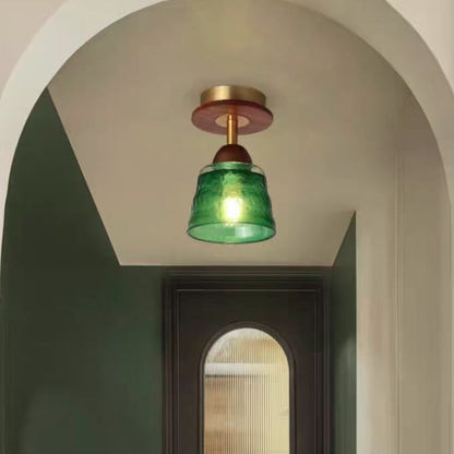 Contemporary Retro Glass Cup Shade Solid Wood 1-light Semi-flush Mount Ceiling Light for Living Room