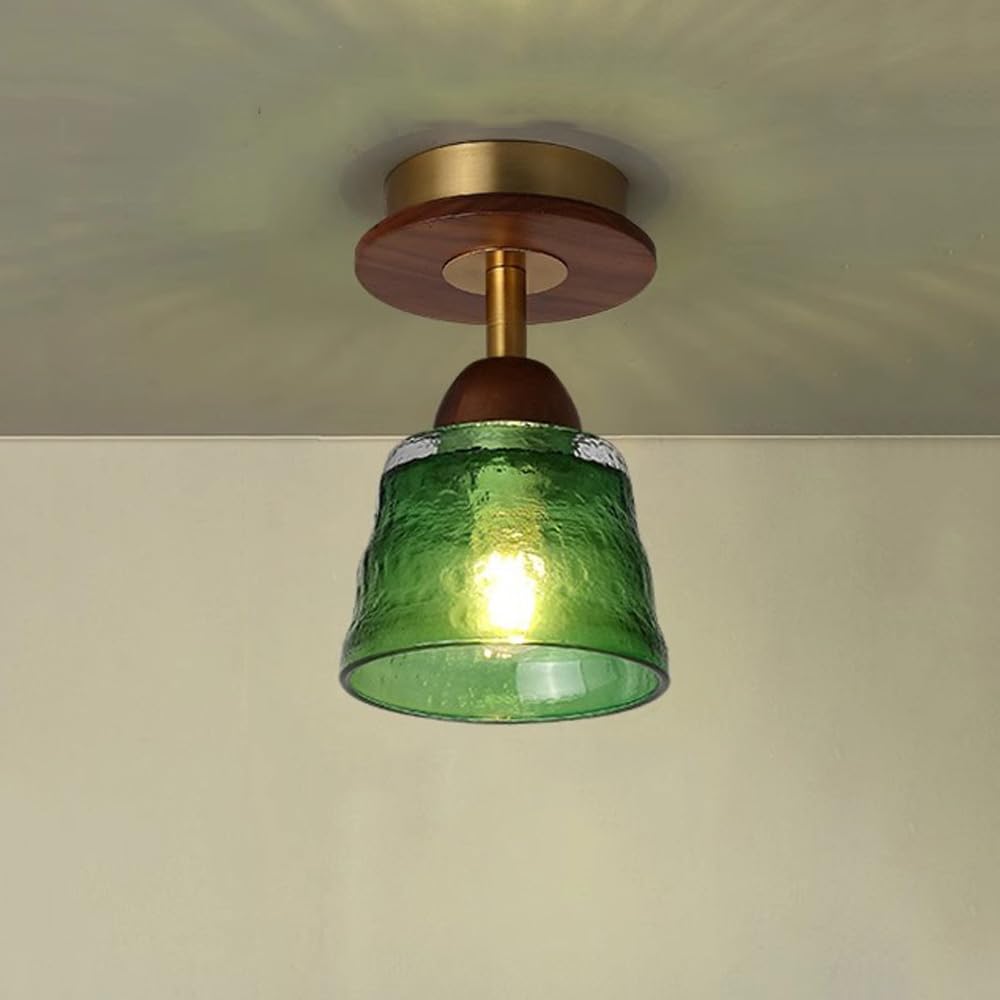 Contemporary Retro Glass Cup Shade Solid Wood 1-light Semi-flush Mount Ceiling Light for Living Room