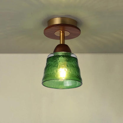 Contemporary Retro Glass Cup Shade Solid Wood 1-light Semi-flush Mount Ceiling Light for Living Room