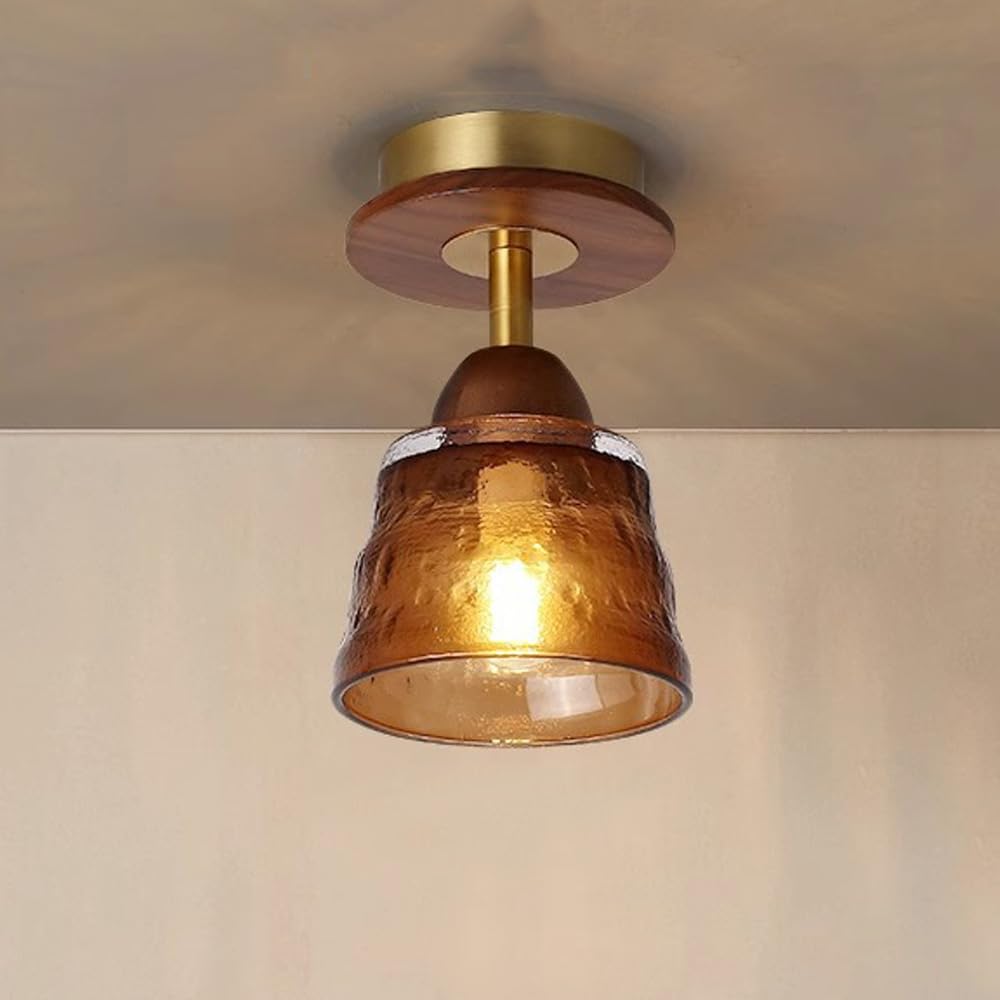 Contemporary Retro Glass Cup Shade Solid Wood 1-light Semi-flush Mount Ceiling Light for Living Room