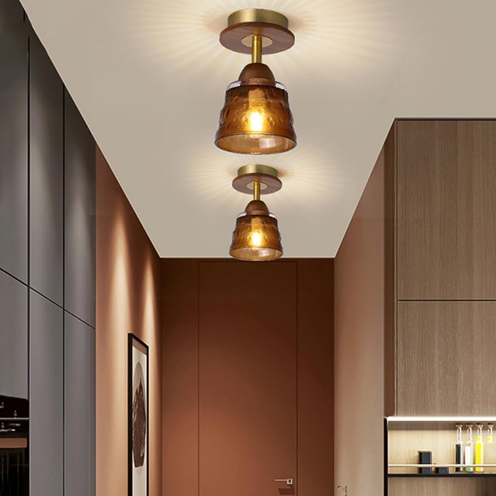 Contemporary Retro Glass Cup Shade Solid Wood 1-light Semi-flush Mount Ceiling Light for Living Room