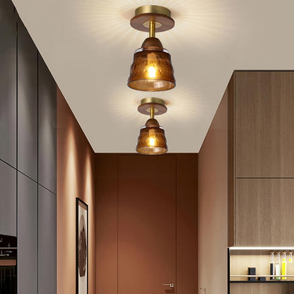 Contemporary Retro Glass Cup Shade Solid Wood 1-light Semi-flush Mount Ceiling Light for Living Room