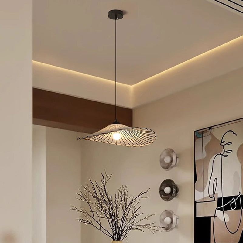 Traditional Japanese Metal Lotus Leaf Fabric Shade 1-light Pendant Light for Living Room