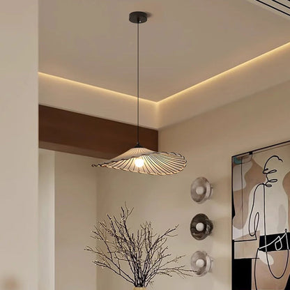 Traditional Japanese Metal Lotus Leaf Fabric Shade 1-light Pendant Light for Living Room