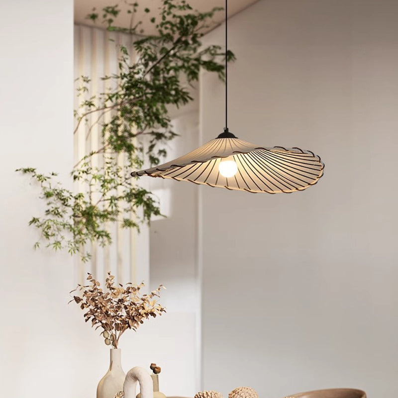 Traditional Japanese Metal Lotus Leaf Fabric Shade 1-light Pendant Light for Living Room