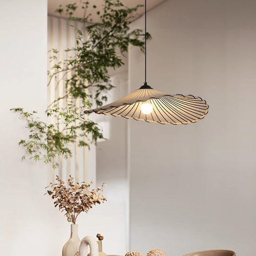 Traditional Japanese Metal Lotus Leaf Fabric Shade 1-light Pendant Light for Living Room