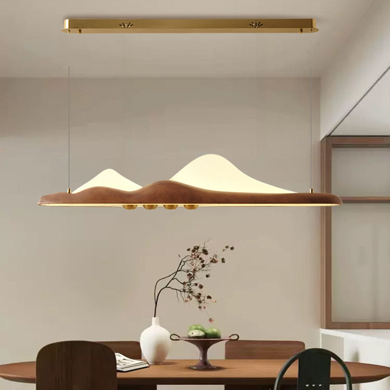 Traditional Chinese Long Strip Wood Grain Acrylic Peak LED Island Light Pendant Light For Living Room