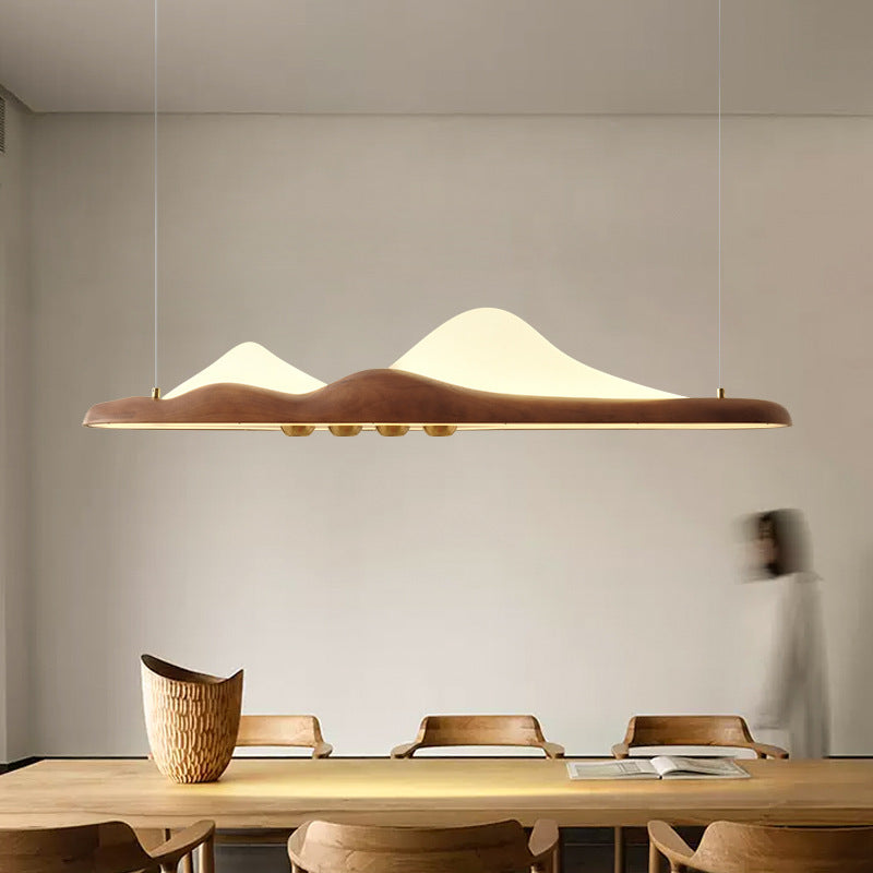 Traditional Chinese Long Strip Wood Grain Acrylic Peak LED Island Light Pendant Light For Living Room