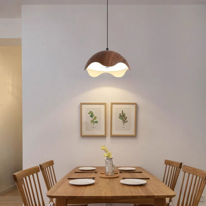 Traditional Japanese Iron Walnut Wood Grain Eggshell LED Pendant Light For Living Room