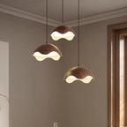 Traditional Japanese Iron Walnut Wood Grain Eggshell LED Pendant Light For Living Room